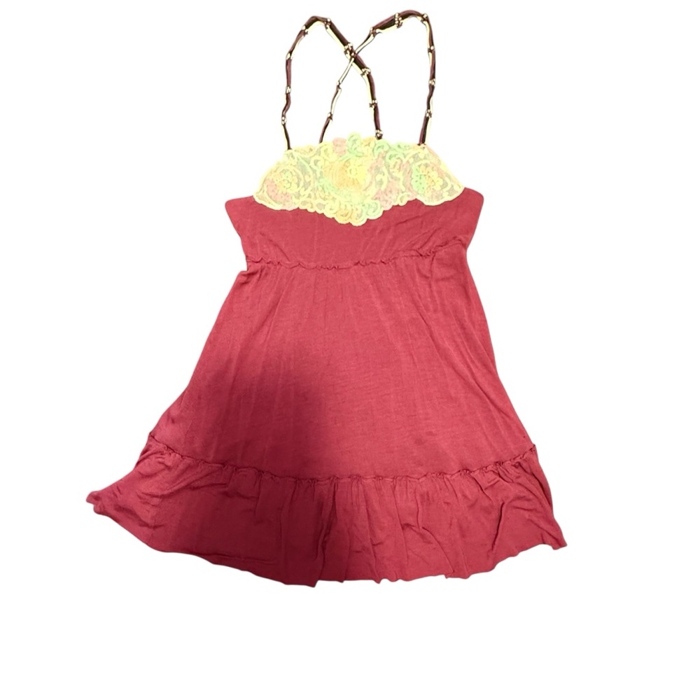 Free People Red Mini Dress with Yellow/Multi Color Pastel Lace Size XS MSRP $148